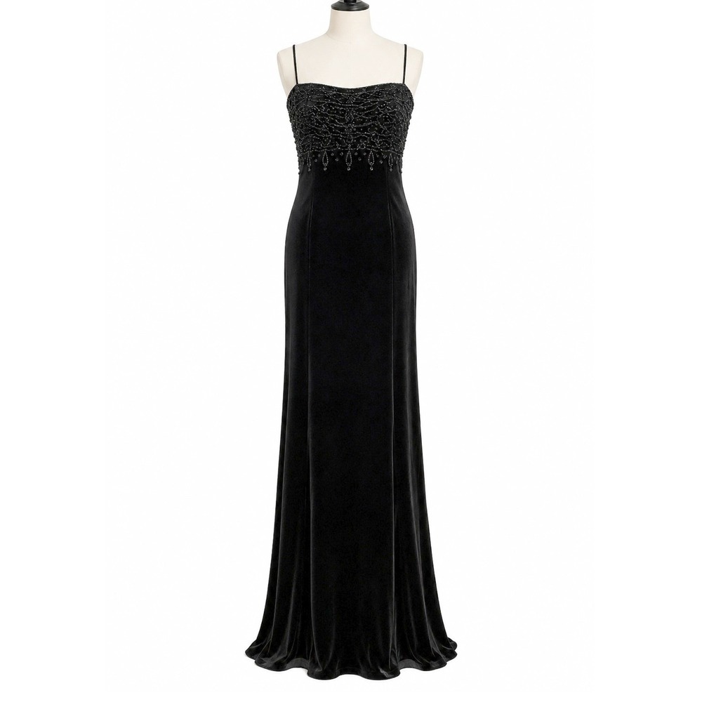Betsy & Adam XS/S Black Velvet Beaded Maxi Dress Gothic Romantic Y2K Formal